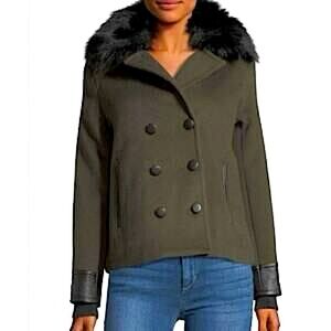 John + Jenn Double Breasted Green Wool Blend Military Faux Fur Collar Jacket